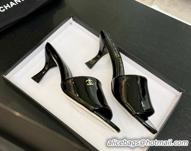 Good Quality Chanel Patent Calfskin Heel Slides Sandal 7cm Black 2025 CH061016
