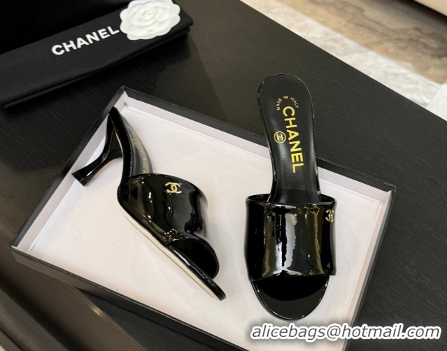 Good Quality Chanel Patent Calfskin Heel Slides Sandal 7cm Black 2025 CH061016