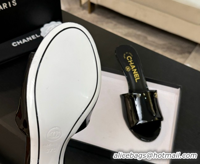 Good Quality Chanel Patent Calfskin Heel Slides Sandal 7cm Black 2025 CH061016