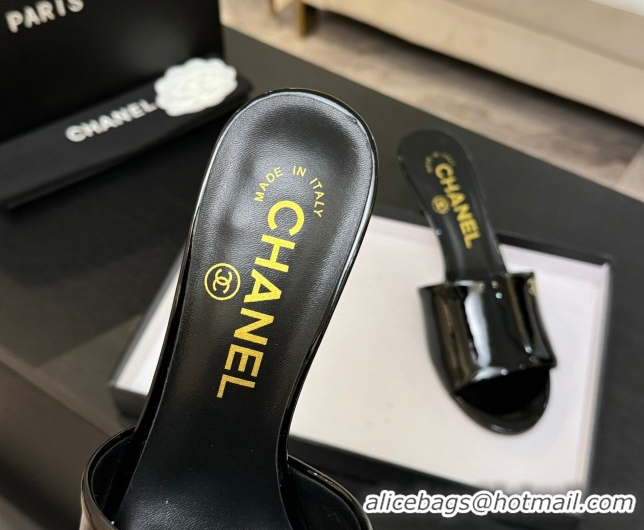 Good Quality Chanel Patent Calfskin Heel Slides Sandal 7cm Black 2025 CH061016