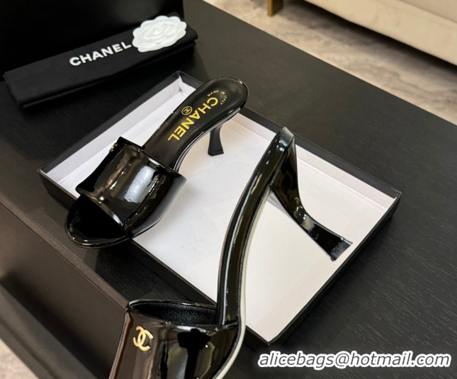 Good Quality Chanel Patent Calfskin Heel Slides Sandal 7cm Black 2025 CH061016