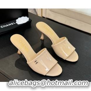 Pretty Style Chanel Patent Calfskin Heel Slides Sandal 7cm Beige 2025 CH061016