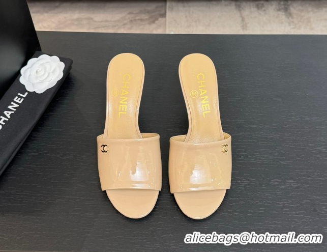 Pretty Style Chanel Patent Calfskin Heel Slides Sandal 7cm Beige 2025 CH061016