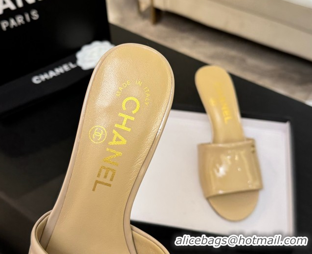Pretty Style Chanel Patent Calfskin Heel Slides Sandal 7cm Beige 2025 CH061016