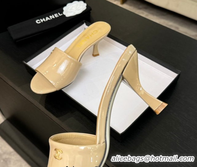 Pretty Style Chanel Patent Calfskin Heel Slides Sandal 7cm Beige 2025 CH061016
