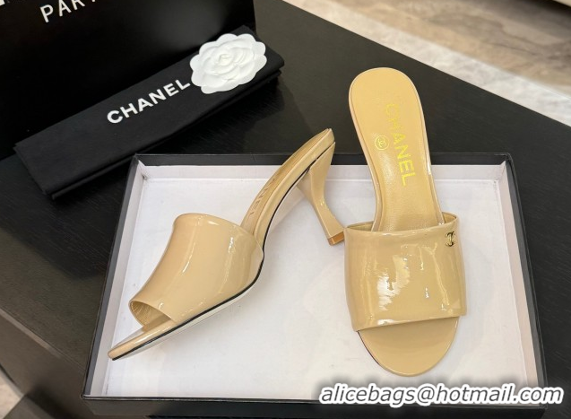 Pretty Style Chanel Patent Calfskin Heel Slides Sandal 7cm Beige 2025 CH061016