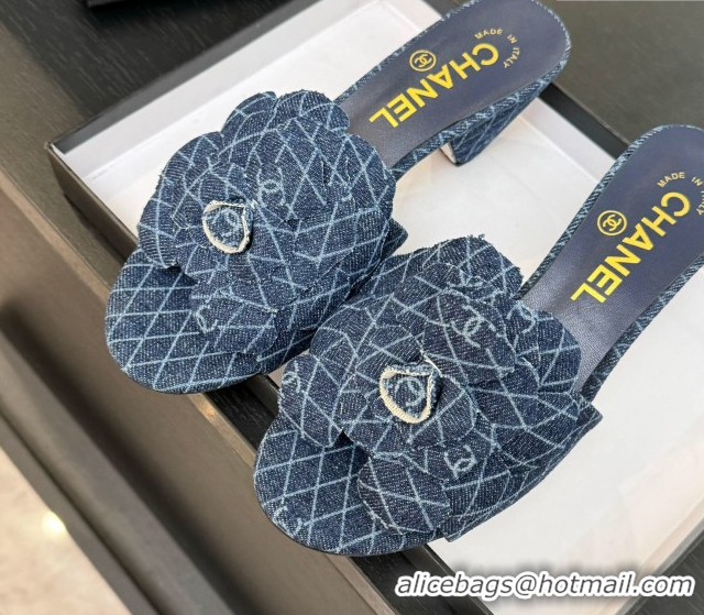 Luxurious Chanel Denim Heel Slides Sandal 7cm with Camellia Navy Blue 2025 CH061017