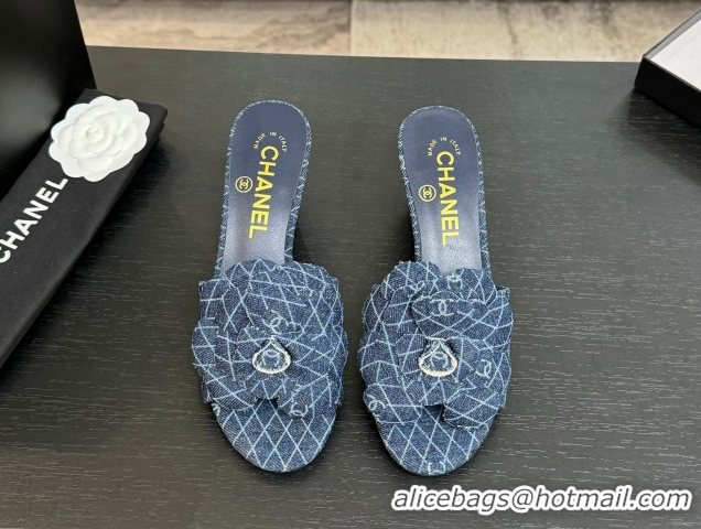 Luxurious Chanel Denim Heel Slides Sandal 7cm with Camellia Navy Blue 2025 CH061017