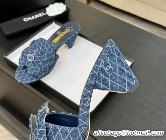 Luxurious Chanel Denim Heel Slides Sandal 7cm with Camellia Navy Blue 2025 CH061017