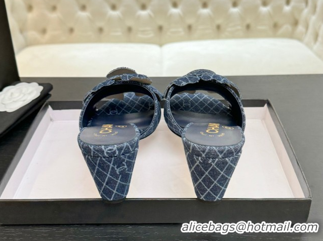 Luxurious Chanel Denim Heel Slides Sandal 7cm with Camellia Navy Blue 2025 CH061017