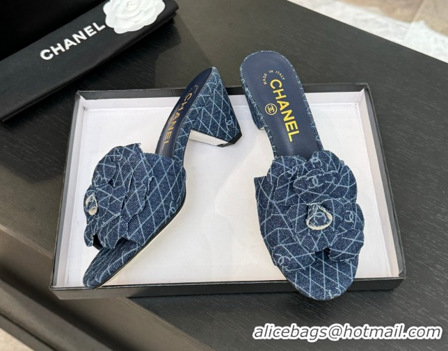 Luxurious Chanel Denim Heel Slides Sandal 7cm with Camellia Navy Blue 2025 CH061017