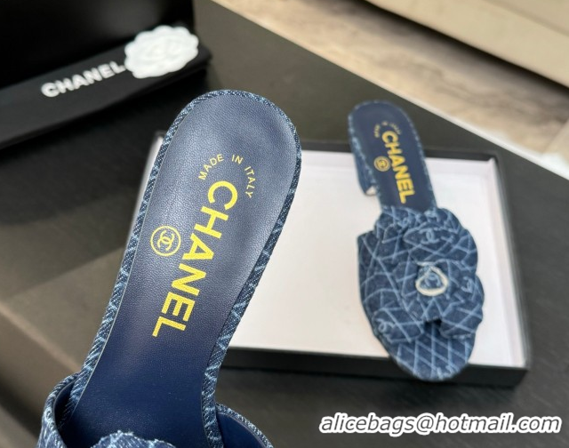 Luxurious Chanel Denim Heel Slides Sandal 7cm with Camellia Navy Blue 2025 CH061017
