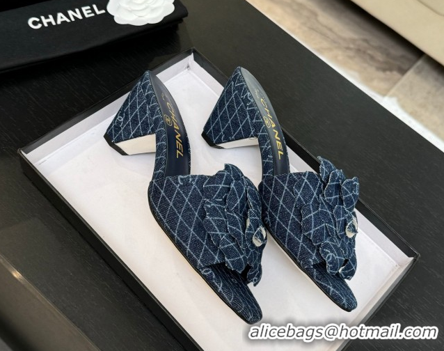 Luxurious Chanel Denim Heel Slides Sandal 7cm with Camellia Navy Blue 2025 CH061017