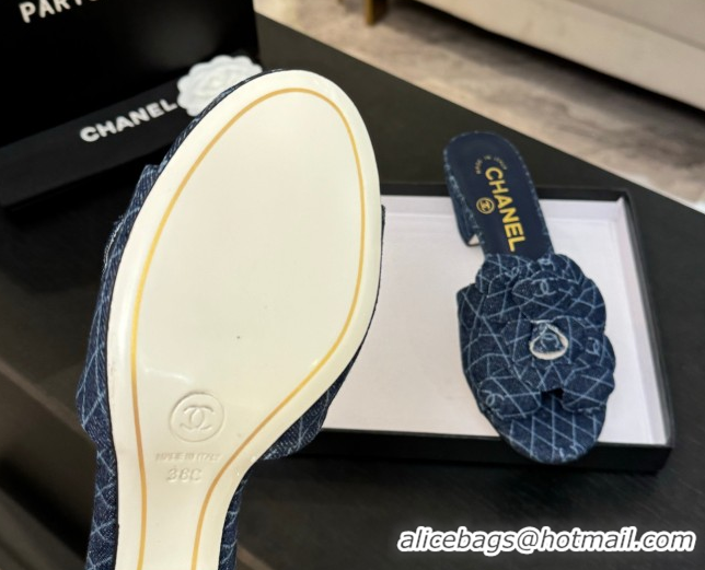 Luxurious Chanel Denim Heel Slides Sandal 7cm with Camellia Navy Blue 2025 CH061017