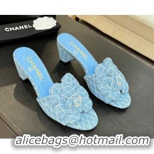 Good Product Chanel Denim Heel Slides Sandal 7cm with Camellia Light Blue 2025 CH061017