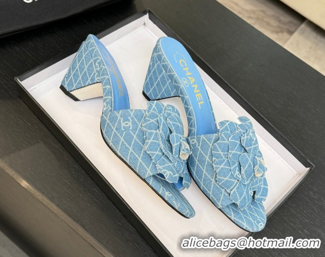 Good Product Chanel Denim Heel Slides Sandal 7cm with Camellia Light Blue 2025 CH061017