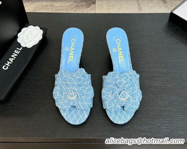 Good Product Chanel Denim Heel Slides Sandal 7cm with Camellia Light Blue 2025 CH061017