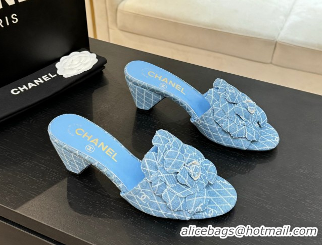 Good Product Chanel Denim Heel Slides Sandal 7cm with Camellia Light Blue 2025 CH061017