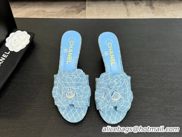 Good Product Chanel Denim Heel Slides Sandal 7cm with Camellia Light Blue 2025 CH061017