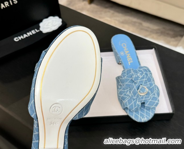 Good Product Chanel Denim Heel Slides Sandal 7cm with Camellia Light Blue 2025 CH061017