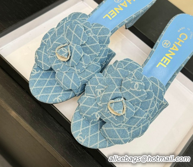 Good Product Chanel Denim Heel Slides Sandal 7cm with Camellia Light Blue 2025 CH061017