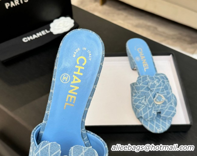 Good Product Chanel Denim Heel Slides Sandal 7cm with Camellia Light Blue 2025 CH061017