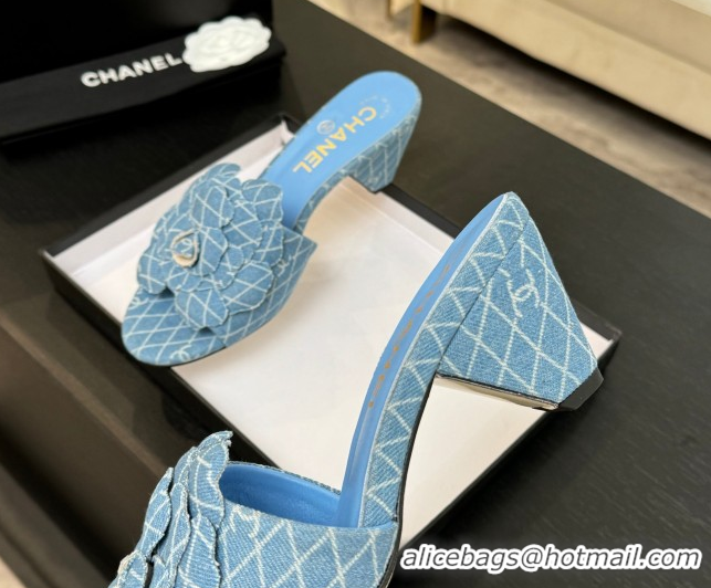 Good Product Chanel Denim Heel Slides Sandal 7cm with Camellia Light Blue 2025 CH061017