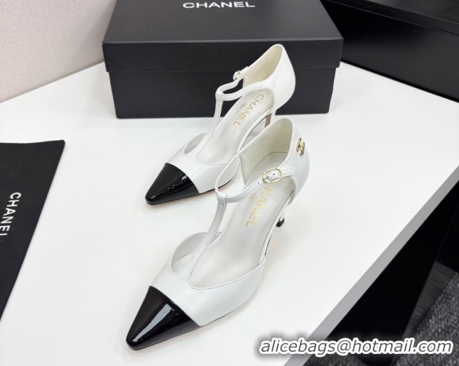 Cheap Price Chanel Lambskin & Patent Calfskin T Pumps White 2025 CH061018