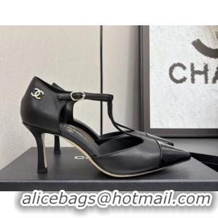 Luxury Cheap Chanel Lambskin & Patent Calfskin T Pumps Black 2025 CH061018