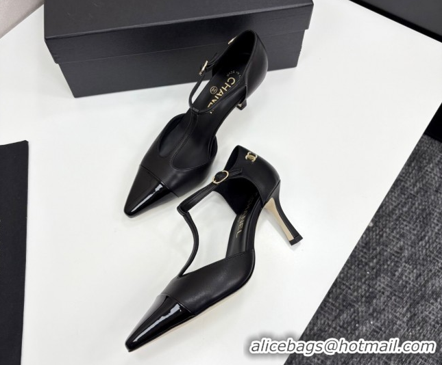 Luxury Cheap Chanel Lambskin & Patent Calfskin T Pumps Black 2025 CH061018