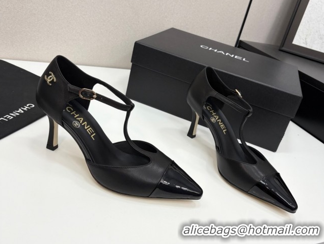 Luxury Cheap Chanel Lambskin & Patent Calfskin T Pumps Black 2025 CH061018