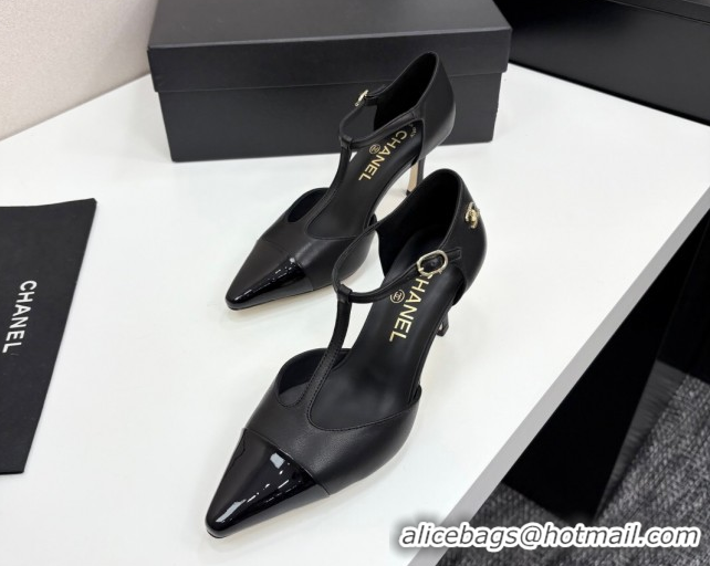 Luxury Cheap Chanel Lambskin & Patent Calfskin T Pumps Black 2025 CH061018