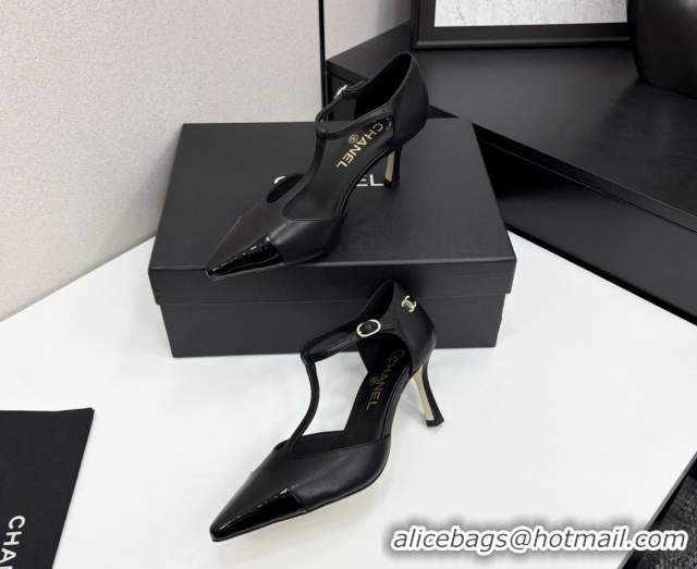 Luxury Cheap Chanel Lambskin & Patent Calfskin T Pumps Black 2025 CH061018