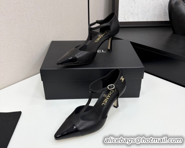 Luxury Cheap Chanel Lambskin & Patent Calfskin T Pumps Black 2025 CH061018