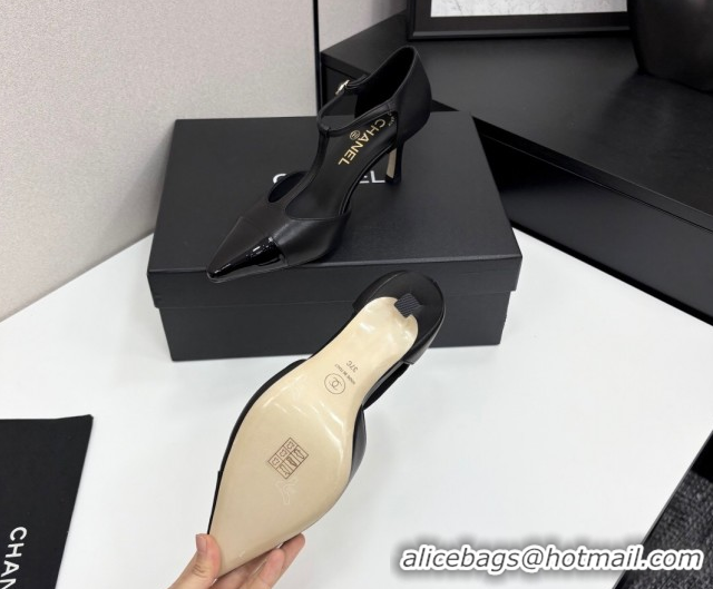 Luxury Cheap Chanel Lambskin & Patent Calfskin T Pumps Black 2025 CH061018