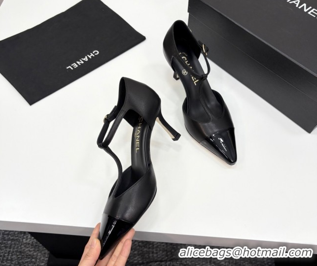 Luxury Cheap Chanel Lambskin & Patent Calfskin T Pumps Black 2025 CH061018