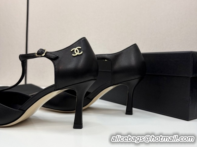 Luxury Cheap Chanel Lambskin & Patent Calfskin T Pumps Black 2025 CH061018
