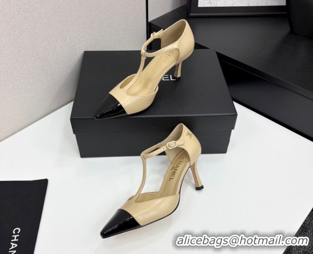 Best Product Chanel Lambskin & Patent Calfskin T Pumps Beige 2025 CH061018