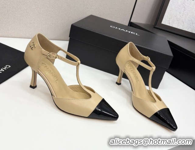 Best Product Chanel Lambskin & Patent Calfskin T Pumps Beige 2025 CH061018