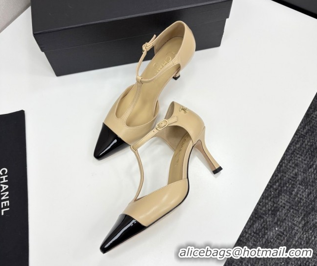 Best Product Chanel Lambskin & Patent Calfskin T Pumps Beige 2025 CH061018