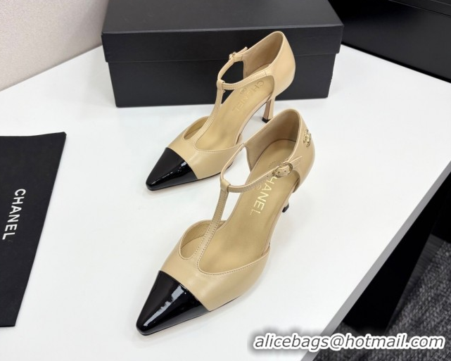 Best Product Chanel Lambskin & Patent Calfskin T Pumps Beige 2025 CH061018