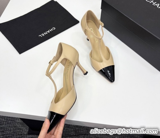 Best Product Chanel Lambskin & Patent Calfskin T Pumps Beige 2025 CH061018