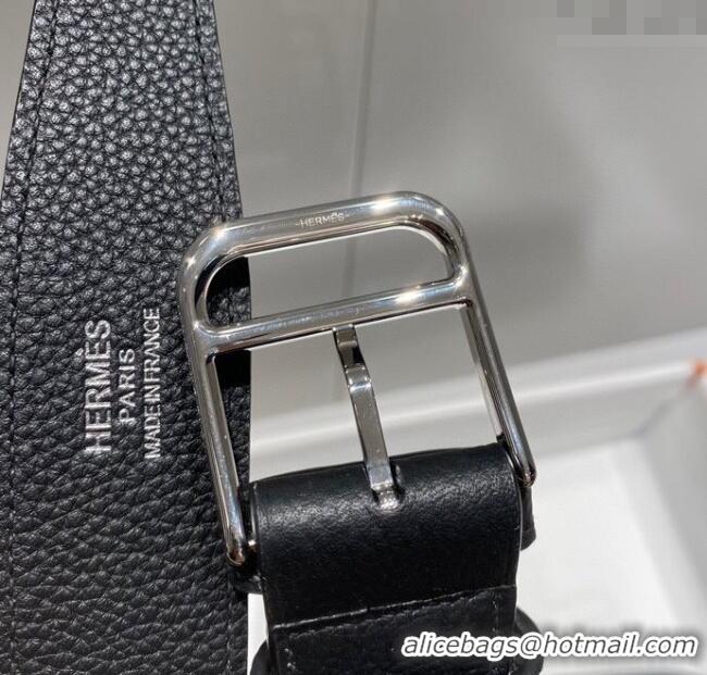 Well Crafted Hermes Steve Light Junior Messenger Bag in Grained Calfskin H1066 Black/Silver 2025 (Half Handmade)