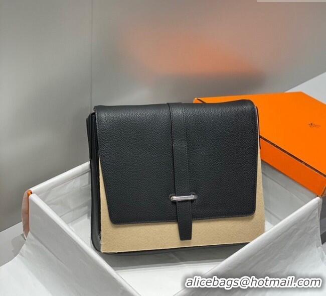 Well Crafted Hermes Steve Light Junior Messenger Bag in Grained Calfskin H1066 Black/Silver 2025 (Half Handmade)