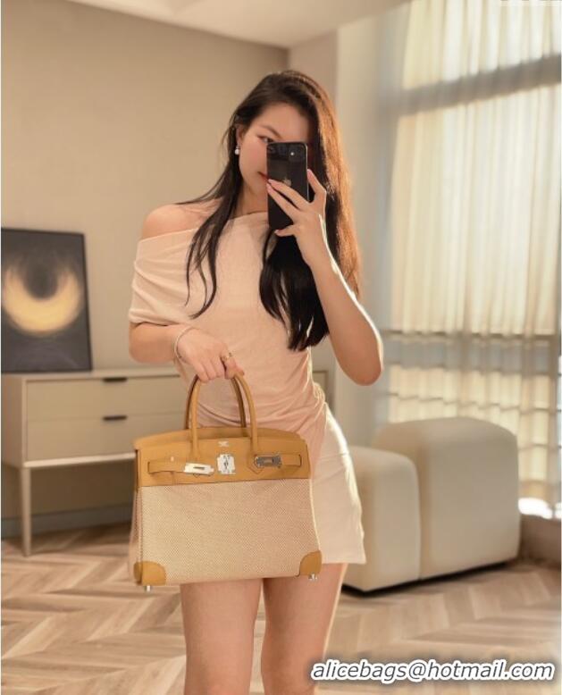 Best Price Hermes Birkin 30cm Bag in Waffle Pattern Canvas and Swift Calfskin with Silver Hardware H1069 Milk Tea Beige 