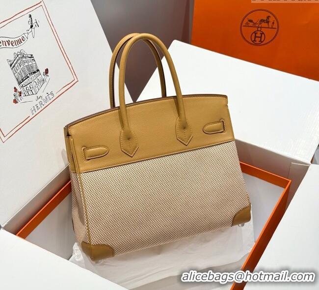 Best Price Hermes Birkin 30cm Bag in Waffle Pattern Canvas and Swift Calfskin with Silver Hardware H1069 Milk Tea Beige 