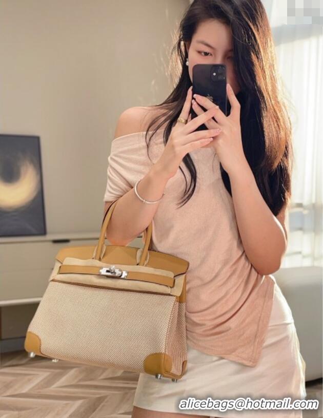 Best Price Hermes Birkin 30cm Bag in Waffle Pattern Canvas and Swift Calfskin with Silver Hardware H1069 Milk Tea Beige 
