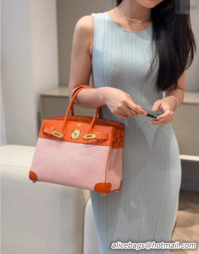 Super Quality Hermes Birkin 30cm Bag in Waffle Pattern Canvas and Swift Calfskin with Gold Hardware H1069 Orange 2025 (H