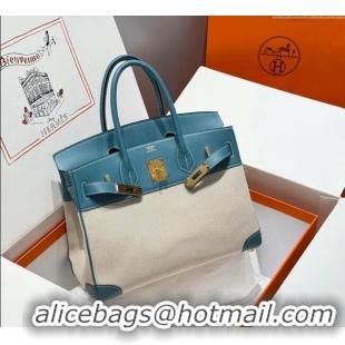 Top Design Hermes Birkin 30cm Bag in Canvas and Swift Calfskin with Gold Hardware H1069 Denim Blue/Cream White 2025 (Hal