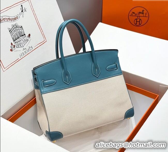 Top Design Hermes Birkin 30cm Bag in Canvas and Swift Calfskin with Gold Hardware H1069 Denim Blue/Cream White 2025 (Hal